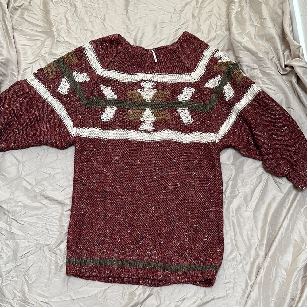 Free People Red and Cream with Green Accents Crew Neck Sweater